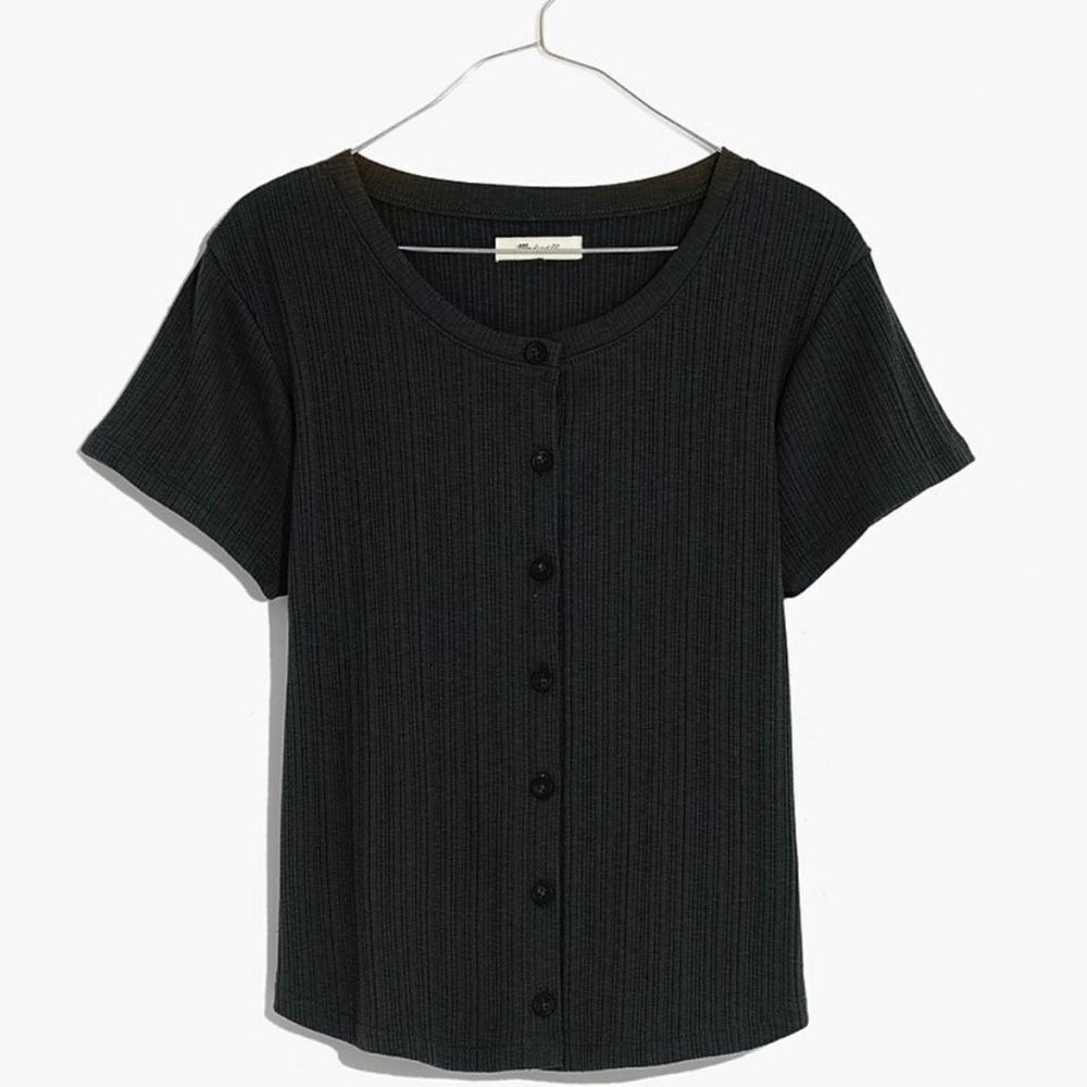 Madewell pointelle button front slim ribbed tee black size medium